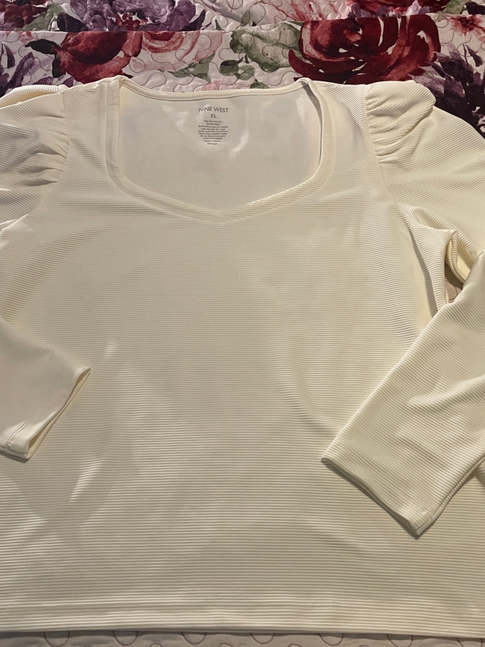 Nine West Cream Ribbed Long-Sleeve Scoop Neck Top